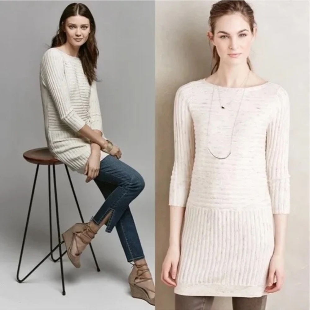 Anthropologie Moth Cream Ribbed Tunic Sweater Medium